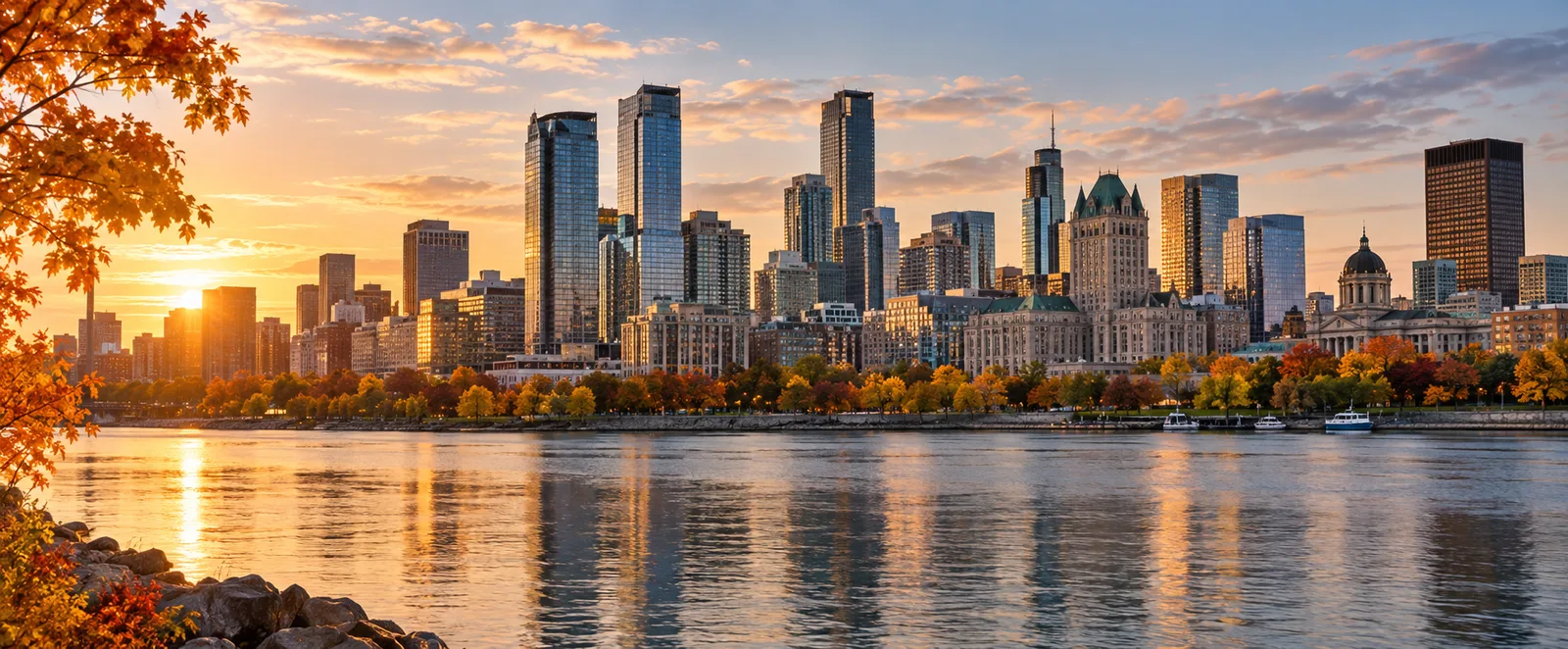 A generic Canadian downtown skyline along a riverfront at golden hour