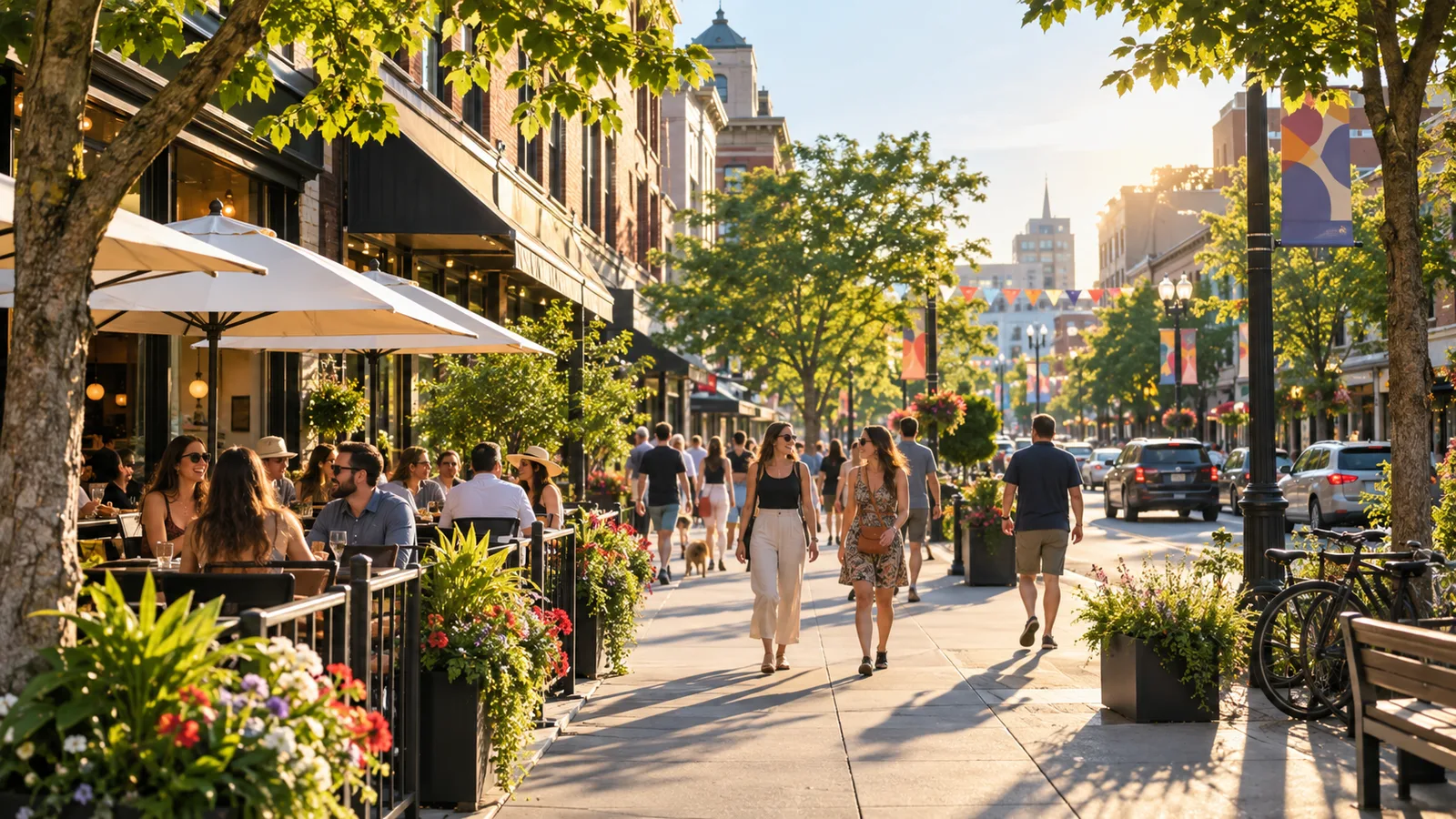 The same kind of downtown street in summer, leafy trees, an outdoor cafe patio, people walking in warm golden-hour light