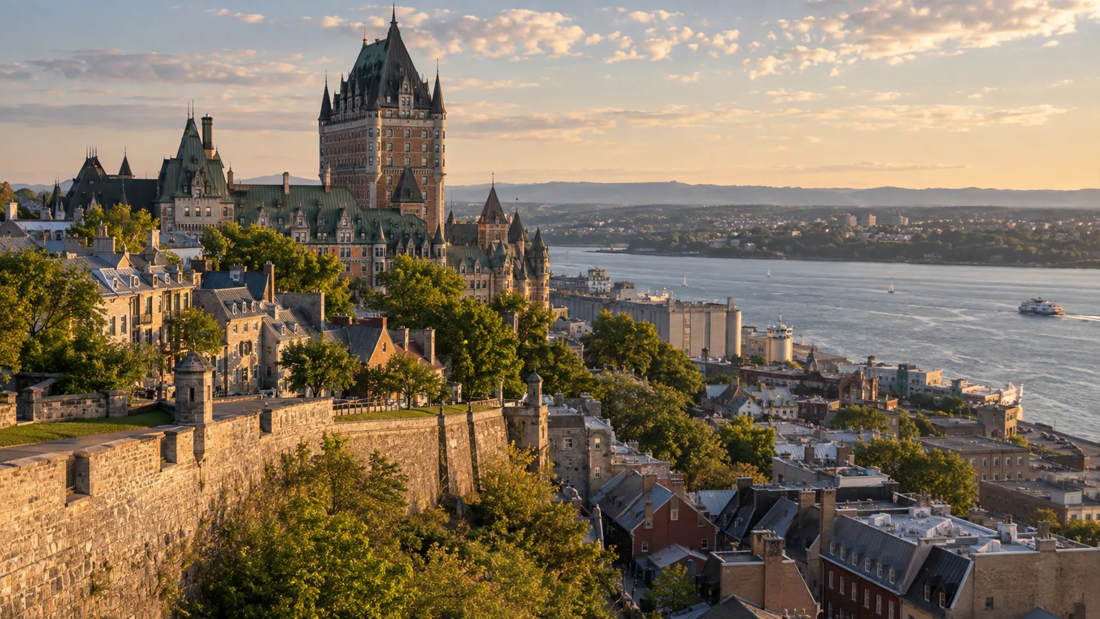 Quebec City's Old Town ramparts and rooftops above the St. Lawrence River