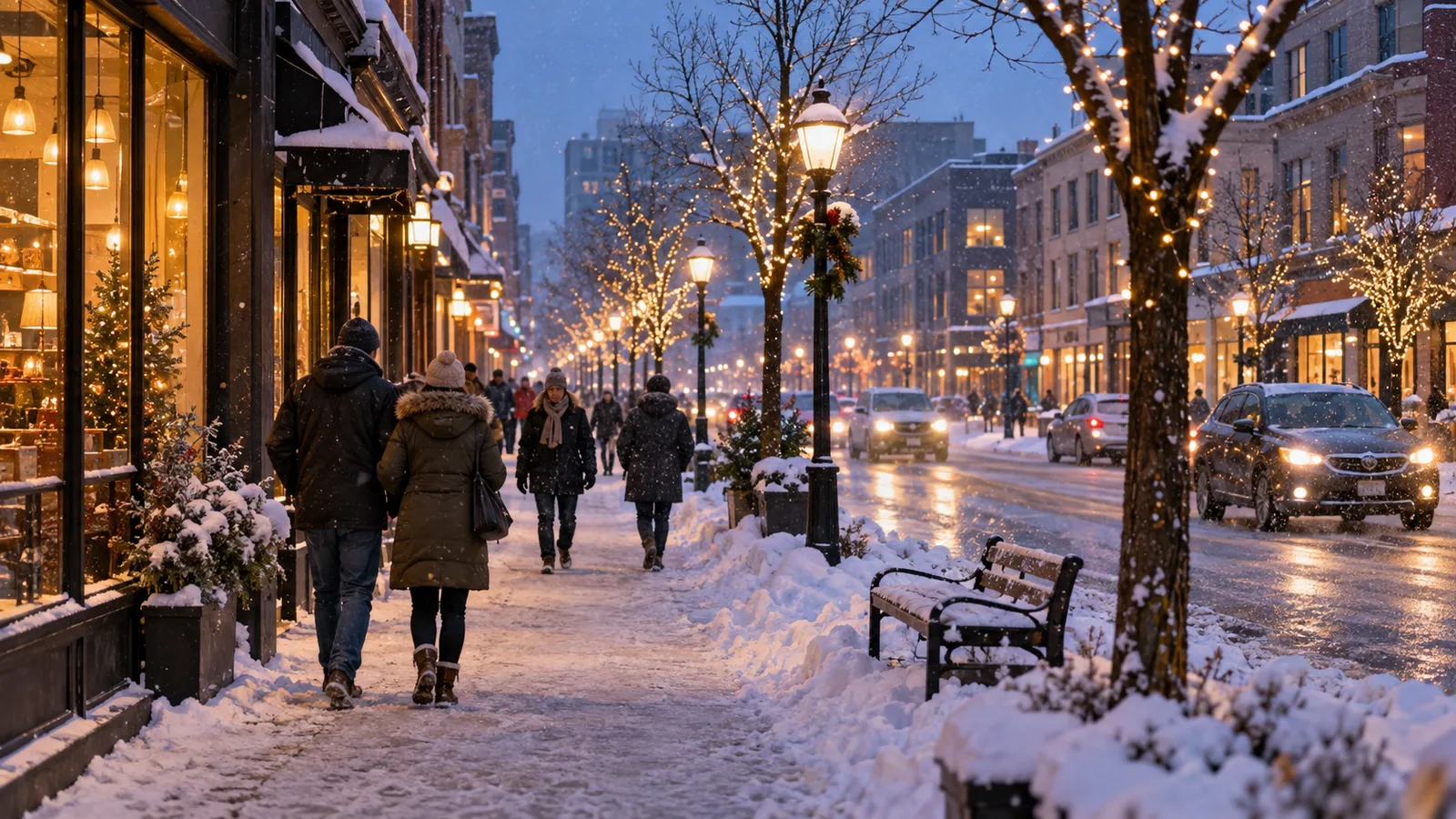 A snow-covered downtown street at dusk, string lights and warm shop windows, light snow falling, people in winter coats